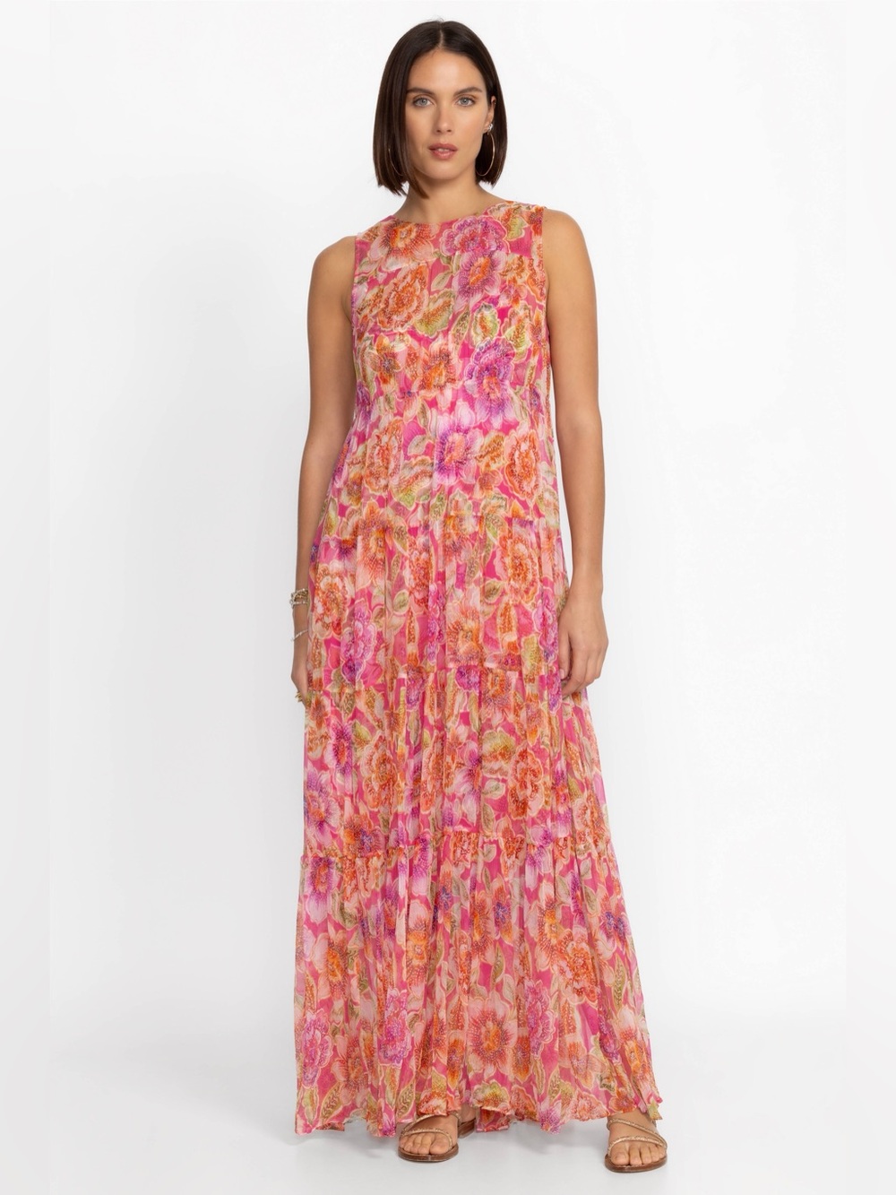 Jade Johnny Was Loran Pink Sheer Floral Tiered Sleeveless Maxi Dress PS